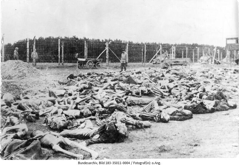 Ein amerikanischer Reporter mit Bergen von Leichen nach der Befreiung (Deutsches Bundesarchiv, Bild 183-35011-0004, April 1945)


