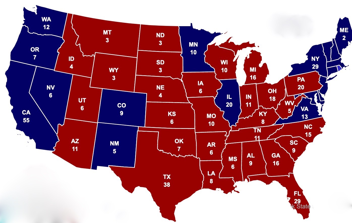 Rot eingezeichnet sind jene Staaten, die Trump 2016 gewann, blau die Bundesstaaten, in denen Hillary Clinton siegte. Die Zahlen weisen auf die Anzahl der Elektoren hin. (Grafik: journal21.ch/Real Clear Politics)