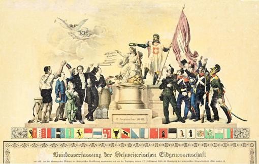 Erste Bundesverfassung der Schweizerischen Eidgenossenschaft. Die Schweiz wird vom Staatenbund zum Bundesstaat. Sie ist jetzt eine demokratisch-republikanische Insel in Europa - umgeben von Monarchien. Die Innerschweizer Kantone, das Wallis und das Tessin standen der Verfassung ablehnend gegenüber.