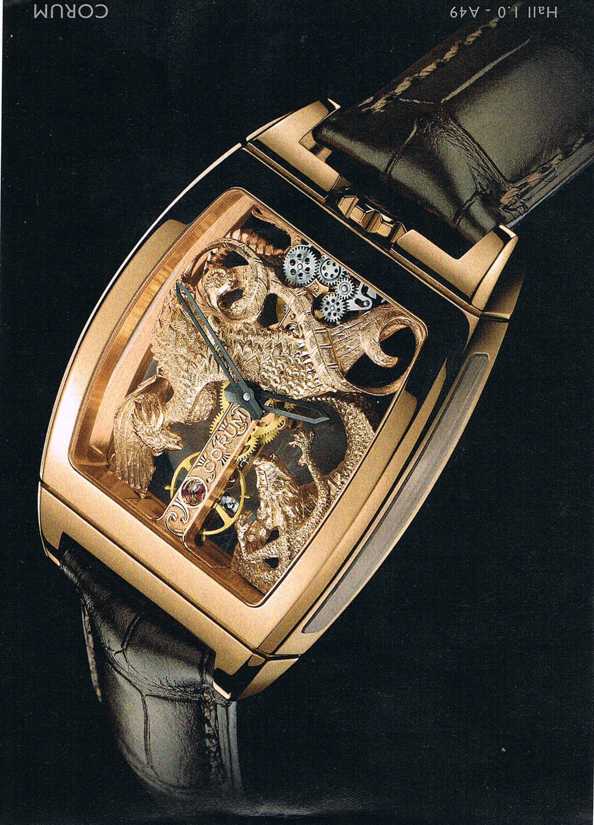Uhrenkreation von Corum mit Blick ins Innere, ein kunstvoll bearbeitetes Uhrwerk