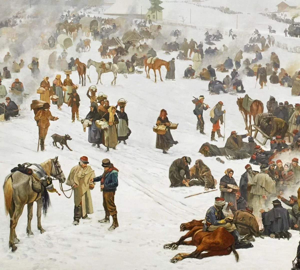 Helferinnen und Helfer verpflegen in Les Verrières die verzweifelten und erschöpften französischen Soldaten (Ausschnitt aus dem Luzerner Bourbaki-Panorama)