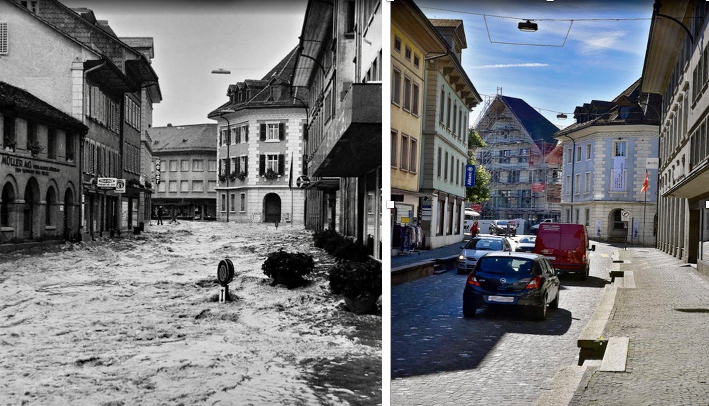 Die Bahnhofstrasse in Langenthal während des Hochwassers vom 30. August 1975 (links) und im Normalzustand (rechts). Langenthaler Tagblatt, 28.8.2015