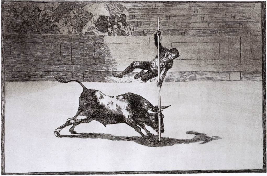 Francisco de Goya: Ligereza y atrevimiento de Juanito Apiñani en la Madrid, 1815–16, Tauromaquia 20, Radierung mit Aquatinta