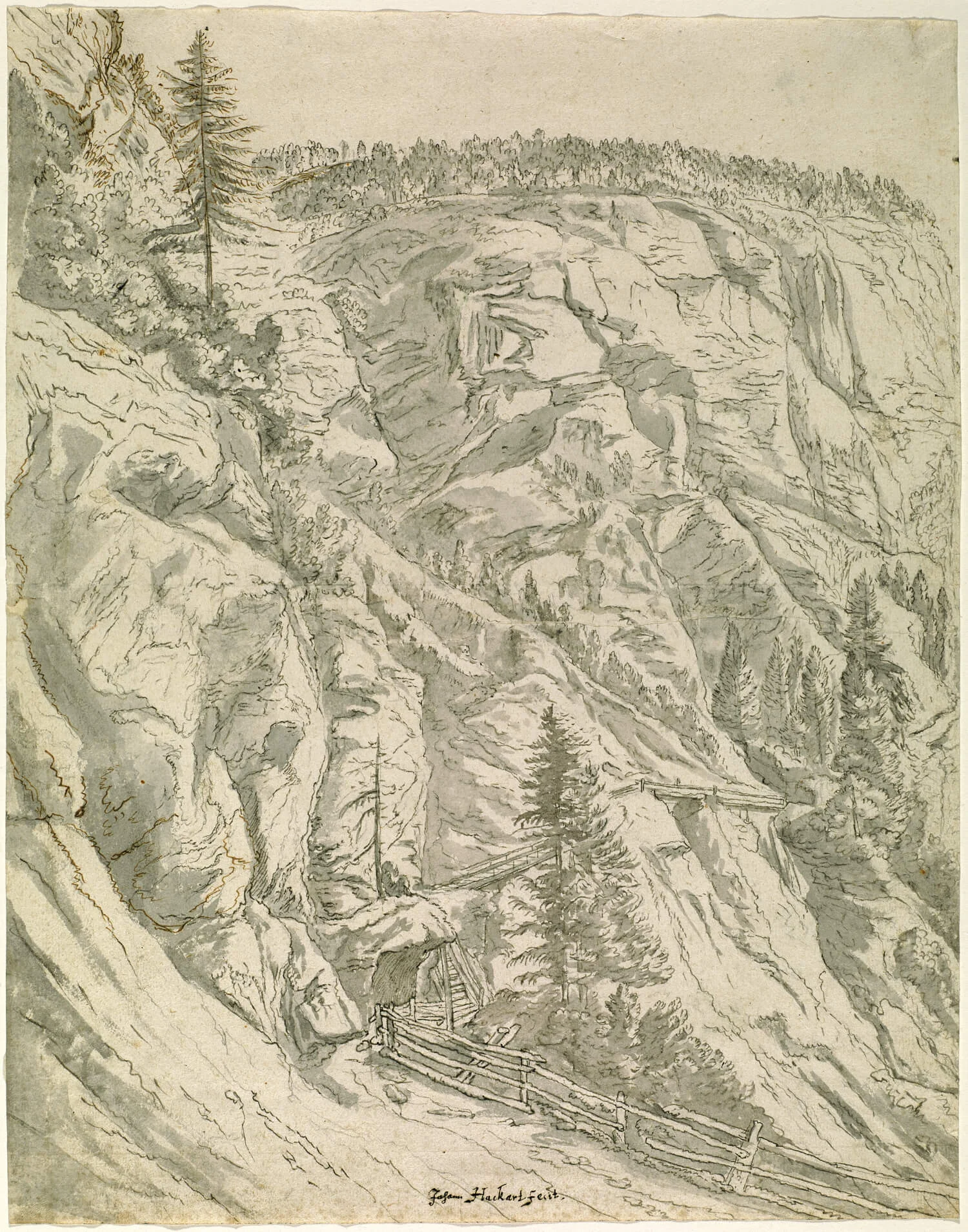 Jan Hackaert, 1628–1685/1690: Die Viamala, 1655, Feder in Grau, braun, grau und lila-grau laviert, über Graphit, 37,6/37,1 × 29,5 cm Kunsthaus Zürich, Graphische Sammlung, Photo: ©Kunsthaus Zürich