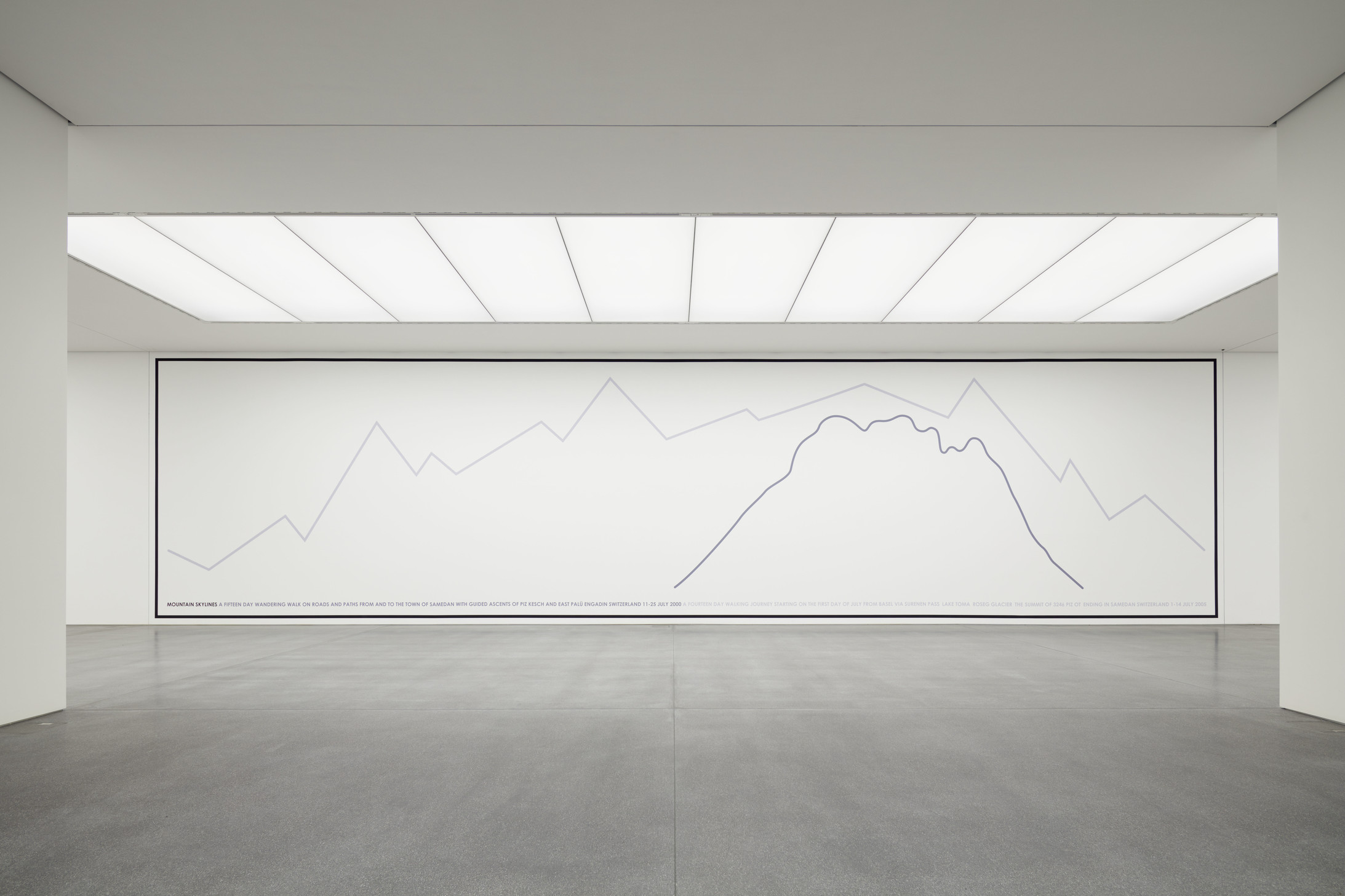 Hamish Fulton: Mountain Skylines, 2016, Wandbild im Bündner Kunstmuseum Chur, Dispersionsfarbe auf Wand, 450 x 1780 cm, Courtesy Galerie Tschudi, Zuoz, © Foto: Ralph Feiner