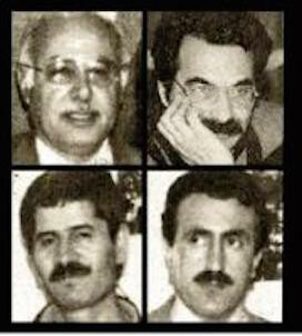 Kurz vor dem Beginn des „Kritischen Dialogs“ geschah das Mykonos-Attentat Foto: Die Opfer des Attentats Sadegh Sharafkandi (li. oben), Nouri Dehkordi, Homayoun Ardalan (li. unten)، Fattah Abdoli