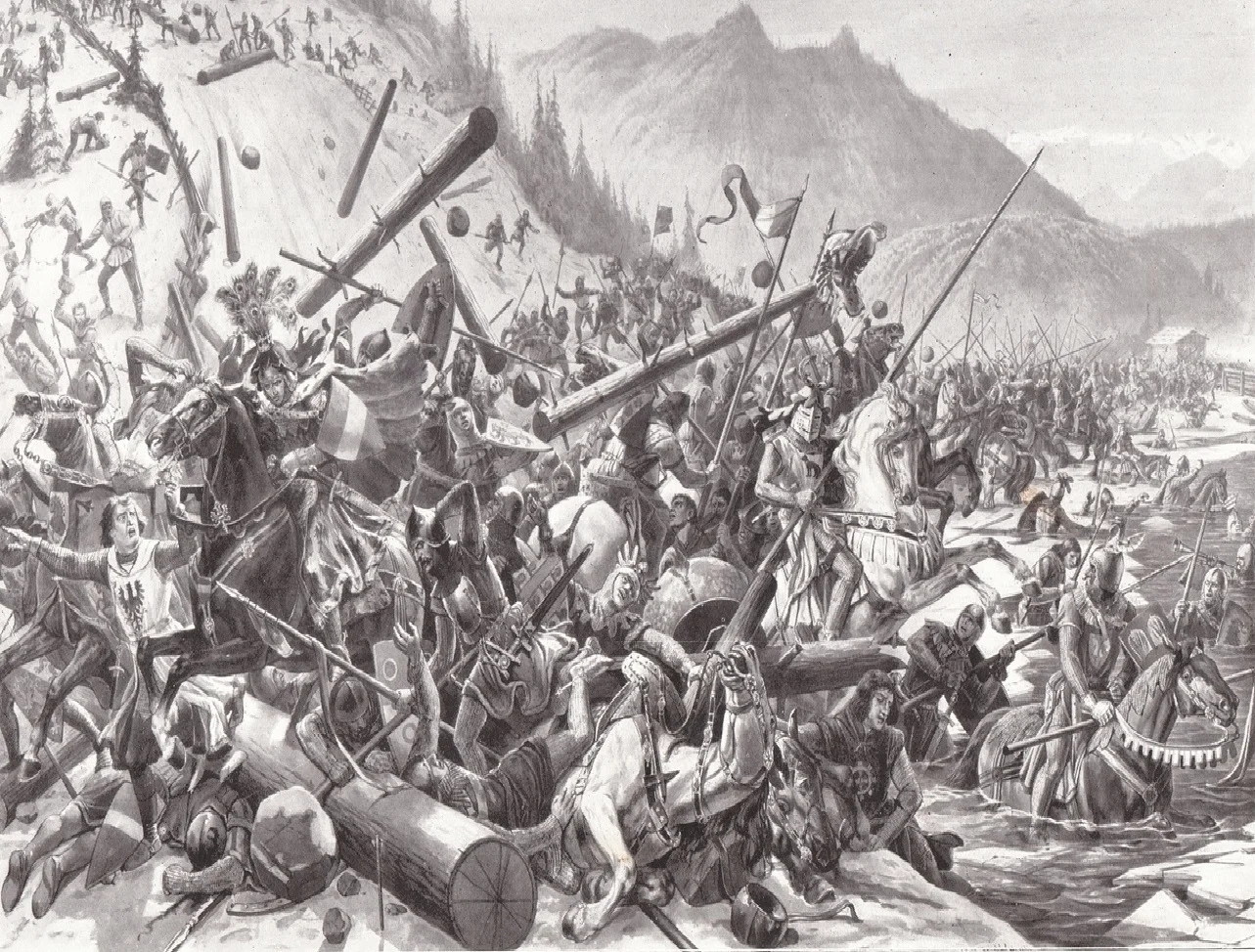 Die Eidgenossen besiegen Leopold I., Herzog von Österreich und Steiermark. Bild: Karl Jauslin, Historienmaler 1842 - 1904.