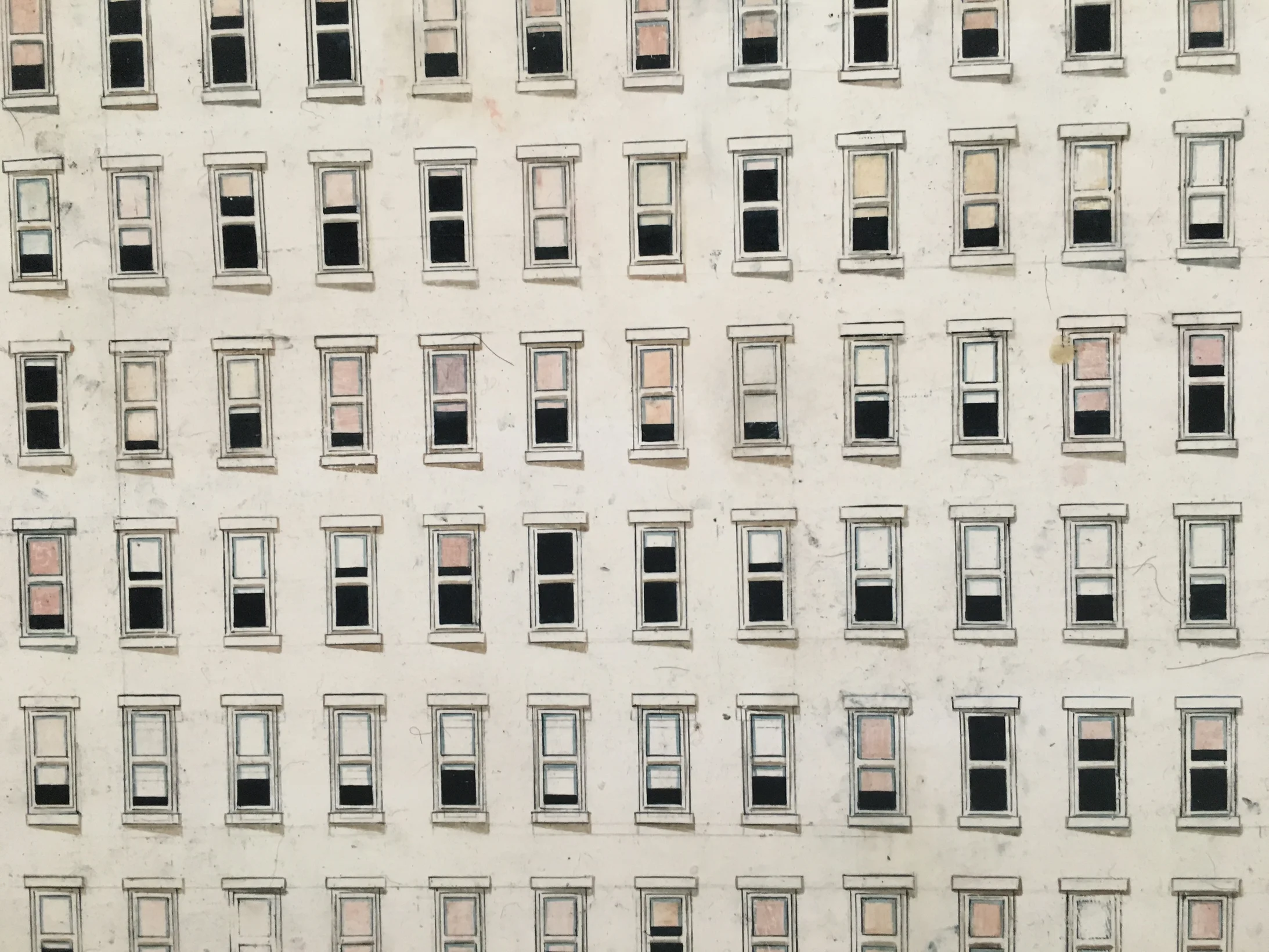 Toba Khedoori: Untiteled (buildings/windows), 1944; Öl, Grafit und Wachs auf Papier, 335 x 6096 cm, Ausschnitt (Foto: J21, Niklaus Oberholzer)