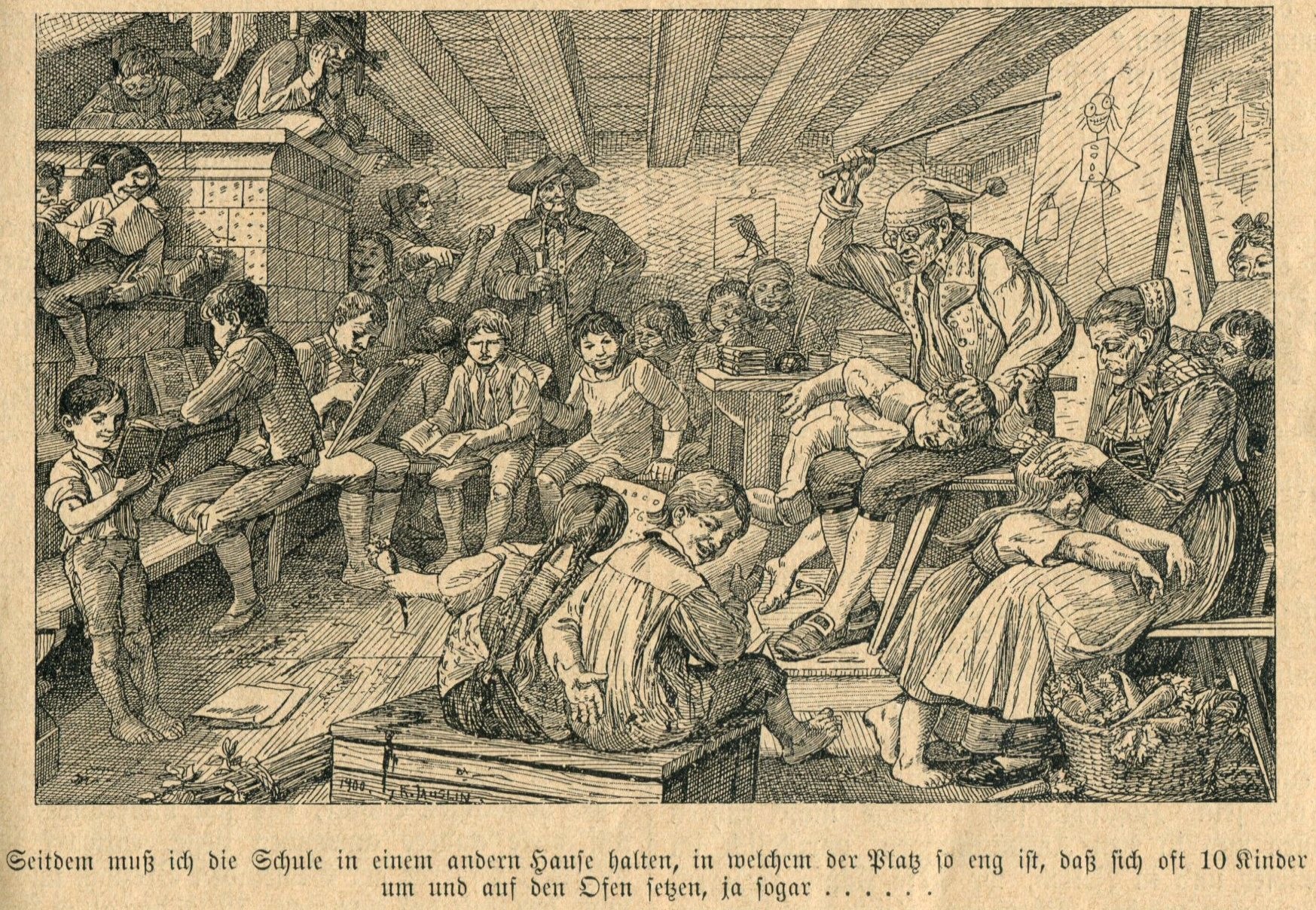 "Die Schule in der guten alten Zeit", Illustration. In: "Eidgenössischer Nationalkalender", Aarau 1901.
