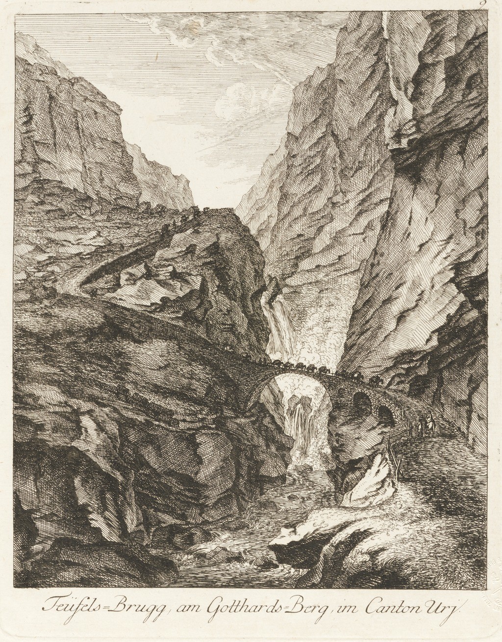 Die Schöllenen-Schlucht mit der sagenumworbenen Teufelsbrücke im Jahr 1775. Johann Jakob Keller