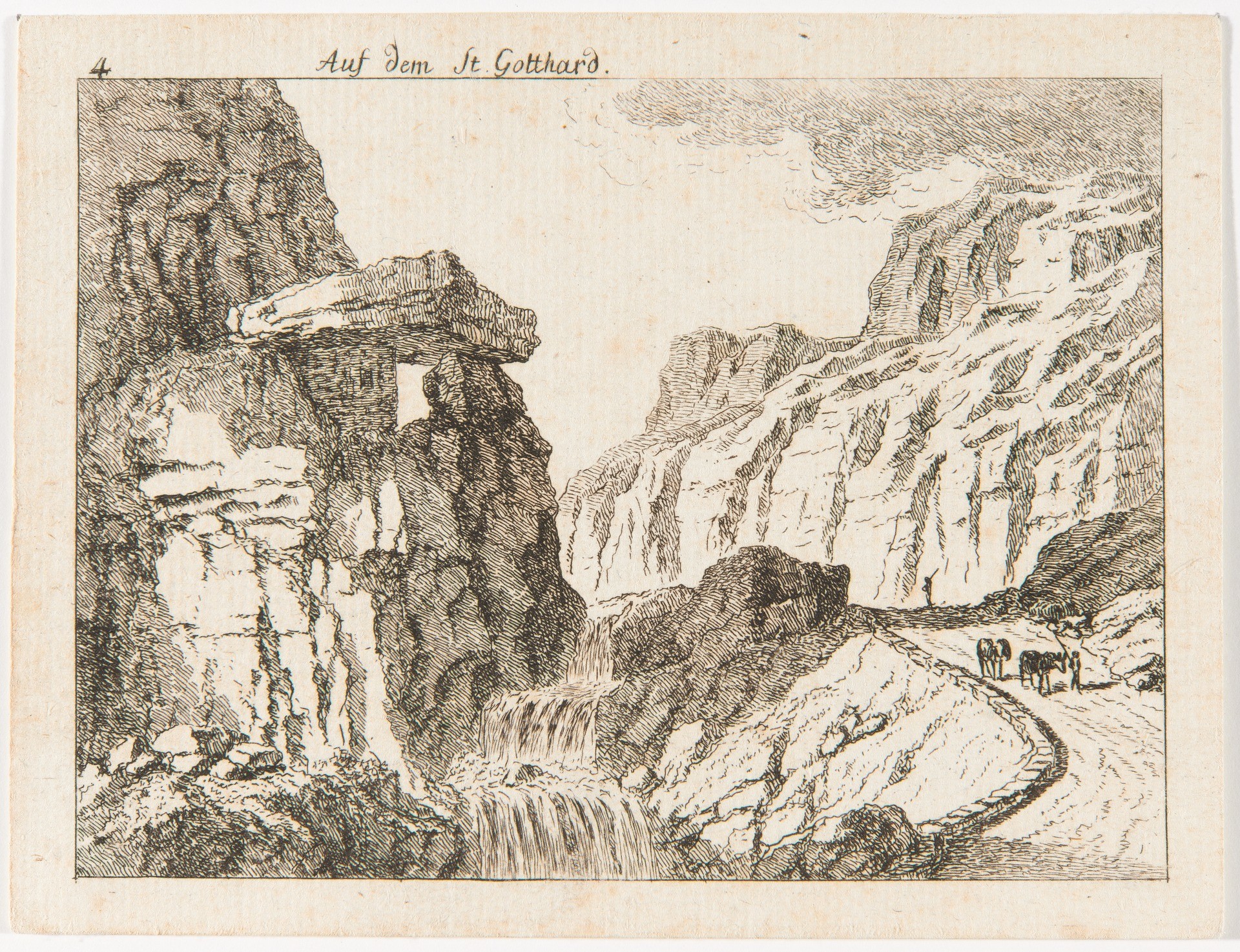 Gotthard, Abstieg auf der Tessiner Seite, links im Bild der Ticino, Salomon Gessner, 1781