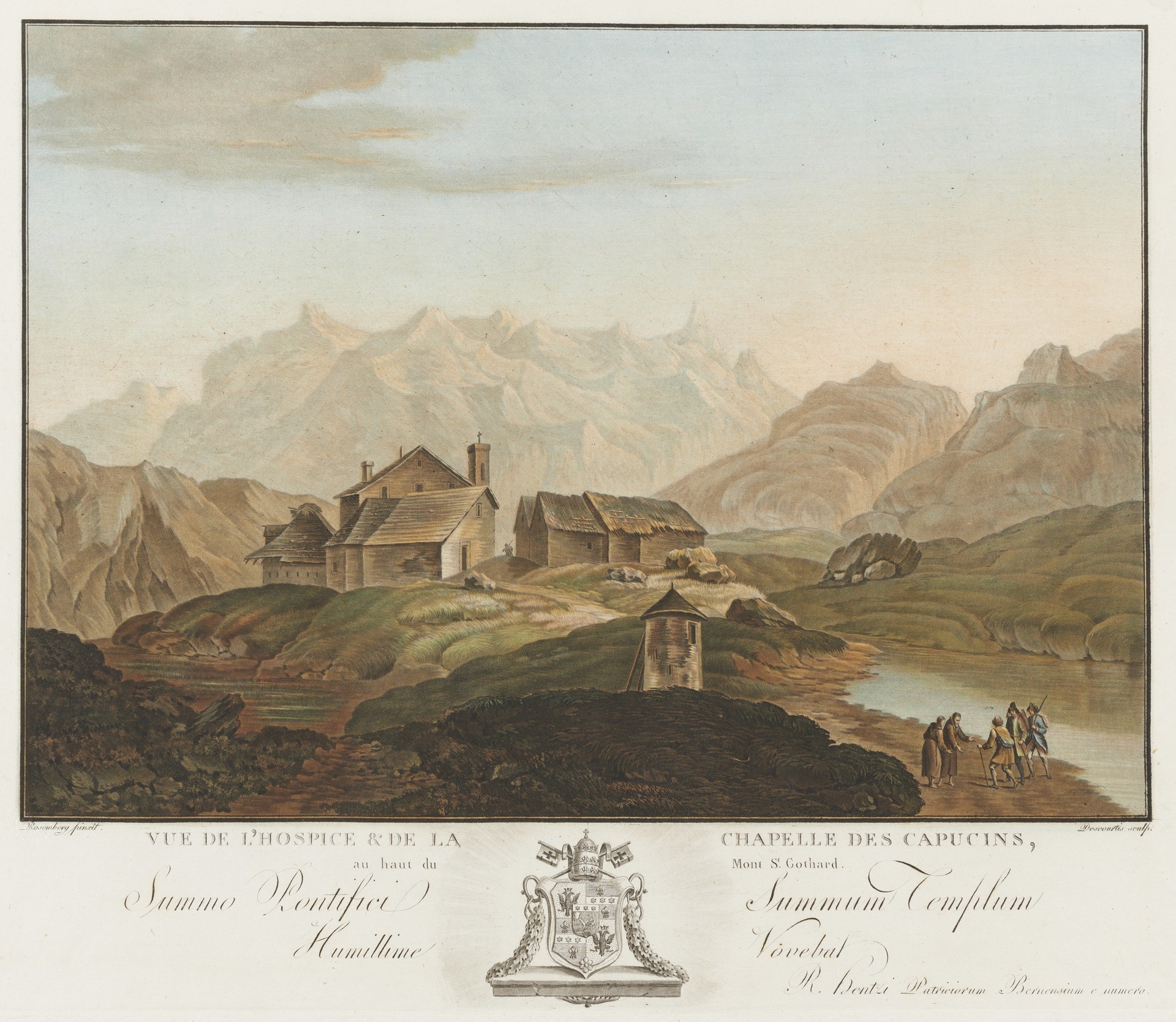Gotthardpasshöhe mit Hospiz und See; in der Mitte des Textes: Päpstliches Wappen gekrönt mit der Tiara; Farbkupferstich, 1788