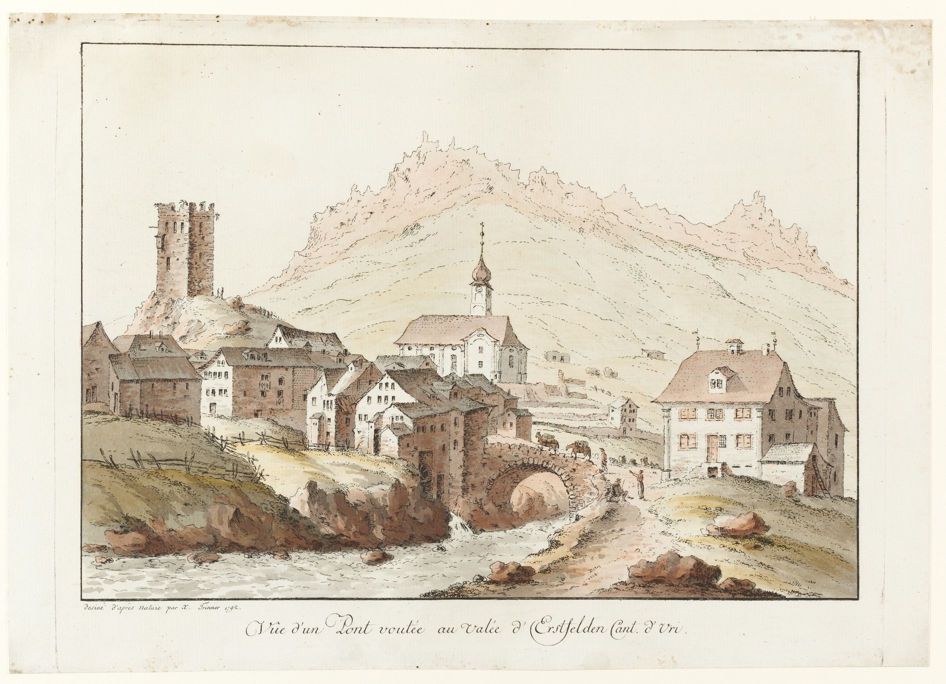 Ansicht von Hospental von Südosten mit Blick auf Kirche und Kastell, Umrissradierung, koloriert, 1792