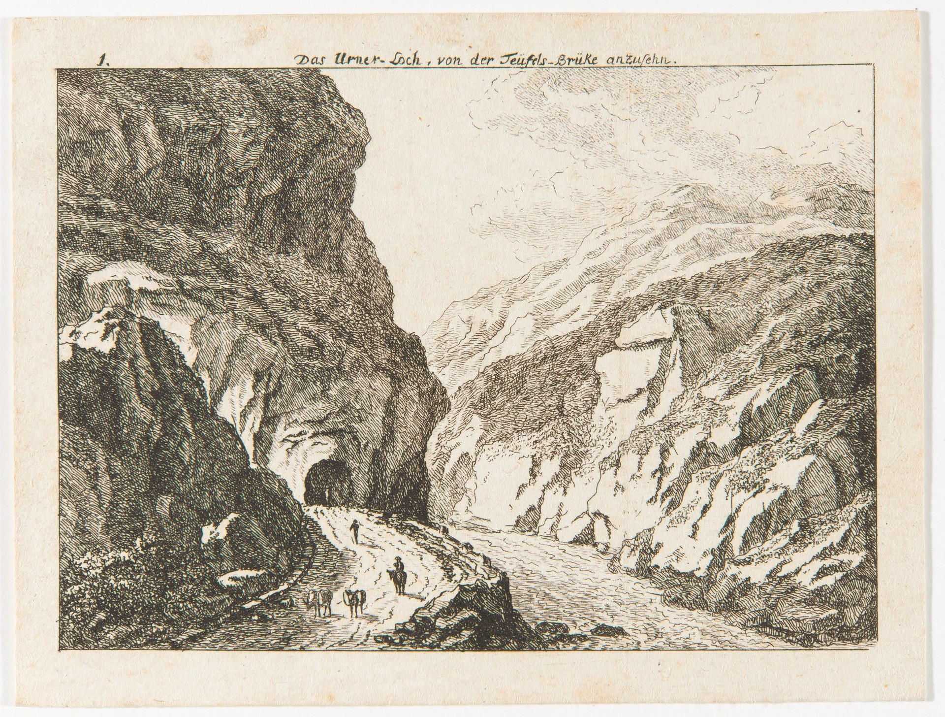 Das Urnerloch bei Andermatt von Salomon Gessner, 1781. Der 64 Meter lange Tunnel wurde 1707/1708 in elf Monaten gebaut. Es handelt sich um den ersten Tunnel auf einer Alpenstrasse. Die Baukosten waren fast doppelt so hoch wie geplant.