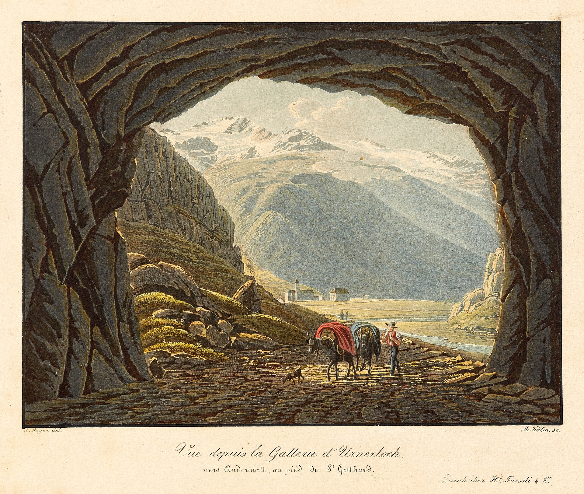 Blick aus dem Urnerloch Richtung Andermatt, gezeichnet und geäzt von M. Kälin und J. Suter, Aquatinta koloriert, 1833