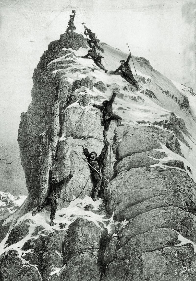 14. Juli 1865: Erstbesteigung des Matterhorns. Eine Siebnerseilschaft unter der Führung des Engländers Edward Whymper erklimmt den 4‘478 Meter hohen Gipfel. Dabei sind auch die beiden Zermatter Bergführer Peter Taugwalder und sein Sohn Peter. Whymper besteht darauf, als Erster auf dem Gipfel zu stehen. Beim Abstieg reisst ein Seil und vier der Erstbesteiger (Croz, Hadow, Hudson und Douglas) stürzen in den Tod. Drei der Toten können am 19. Juli auf dem Matterhorngletscher geboren werden. Die Leiche von Fran…