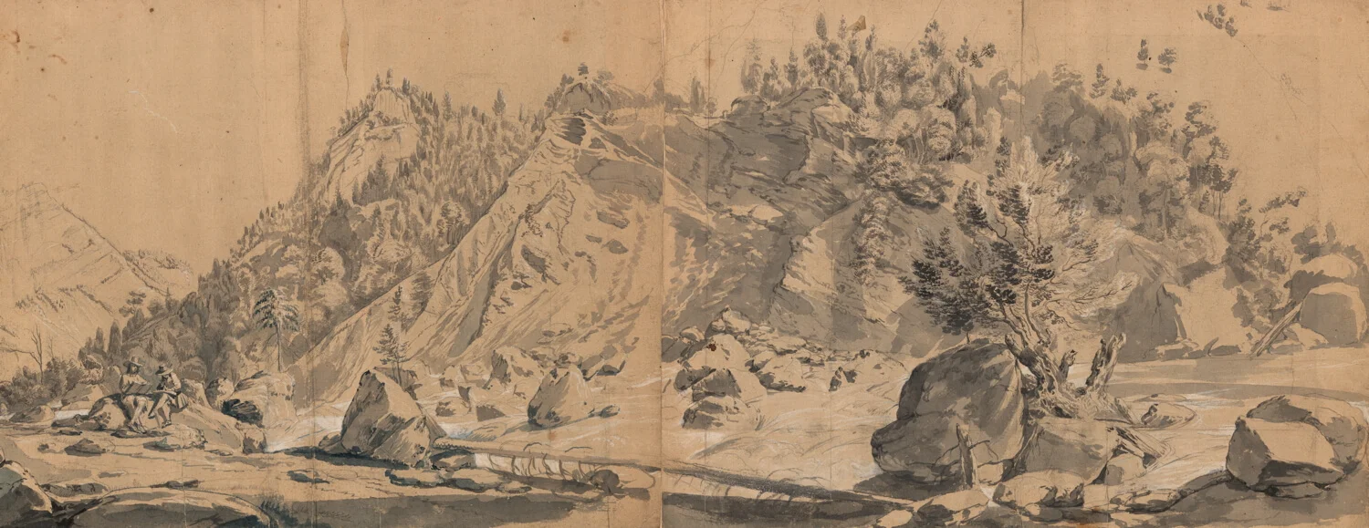 Conrad Meyer, 1616–1689: Löntschtal in Glarus mit zwei Zeichnern, 1655, Feder und Pinsel in Blaugrau, weiss gehöht, 37,9 × 95,5 cm Zentralbibliothek Zürich, Graphische Sammlung