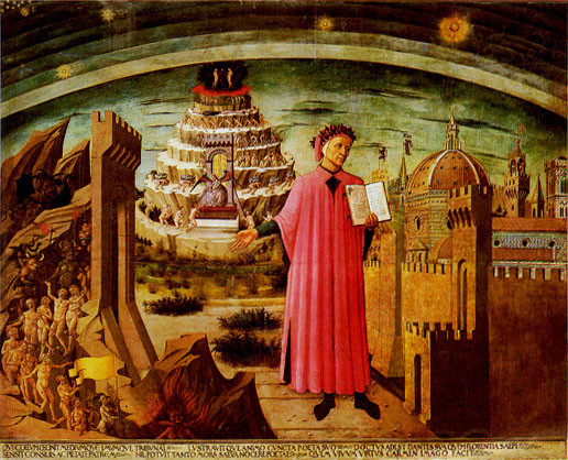 Dante gilt als einer der wichtigsten Dicher des europäischen Mittelalters. Sein Hauptwerk, die „Göttliche Komödie“ („Divina Commedia“), ist auf Italienisch verfasst. Damit überwand er das dominierende Latein und machte Italienisch zur Literatur- und Kultursprache. Dante, in Florenz geboren, starb in Ravenna. (Fresko von Domenico di Michelino in Santa Maria del Fiore, Florenz 1465)