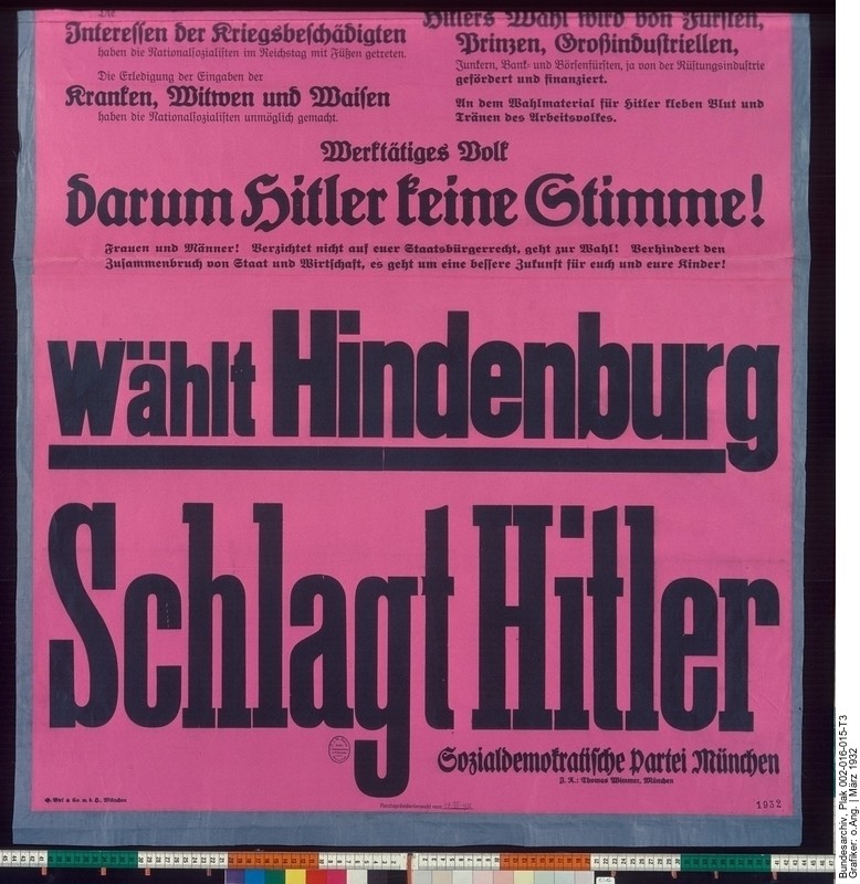 Plakat der Münchner SPD (Bild: Deutsches Bundesarchiv, Drucker G.Birk und Co. März 1932, Plakat 002-016-015-T3)
