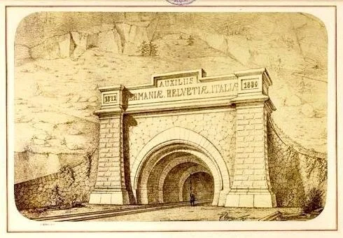 Präsidiert wird die Gesellschaft von Alfred Escher. Ziel ist der Bau eines Eisenbahntunnels zwischen Göschenen und Airolo. Der Tunnel soll 60 Millionen Franken kosten. Deutschland und Italien sind an der Finanzierung beteiligt. Die Schweizerische Kreditanstalt, die von Alfred Escher gegründet worden war, spielt bei der Geldbeschaffung eine wichtige Rolle. Im Bild ein Entwurf zum Nordportal des Tunnels bei Göschenen (ETH-Bibiothek).