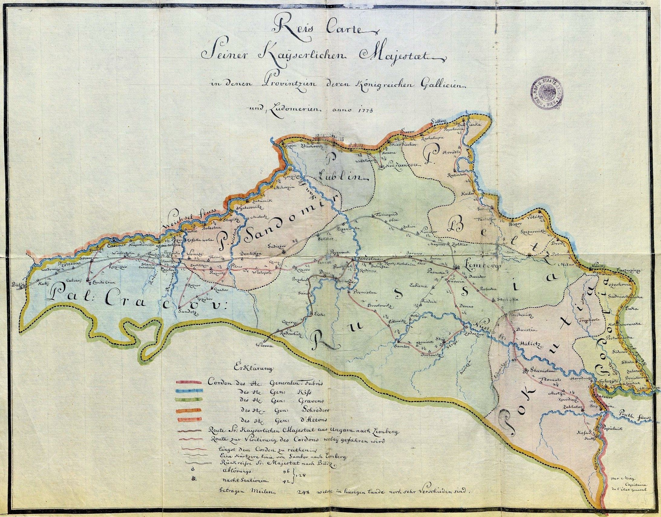 Reisekarte für die erste Inspektionsreise von Kaiser Joseph II. durch Galizien, 1773, © Haus-, Hof- und Staatsarchiv, Wien


