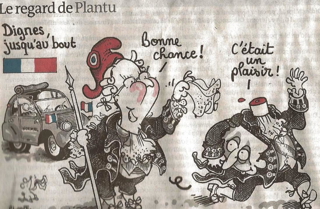 Beissender Spott. Wie Plantu, der Star-Karikaturist der linksliberalen französischen Zeitung "Le Monde", den Abschied von Staatspräsident Nicolas Sarkozy sieht. Unter dem Titel "Würdig bis zum Schluss" sagt Frankreich: "Viel Glück". Antwort Sarkozy: "Es war mir ein Vergnügen".