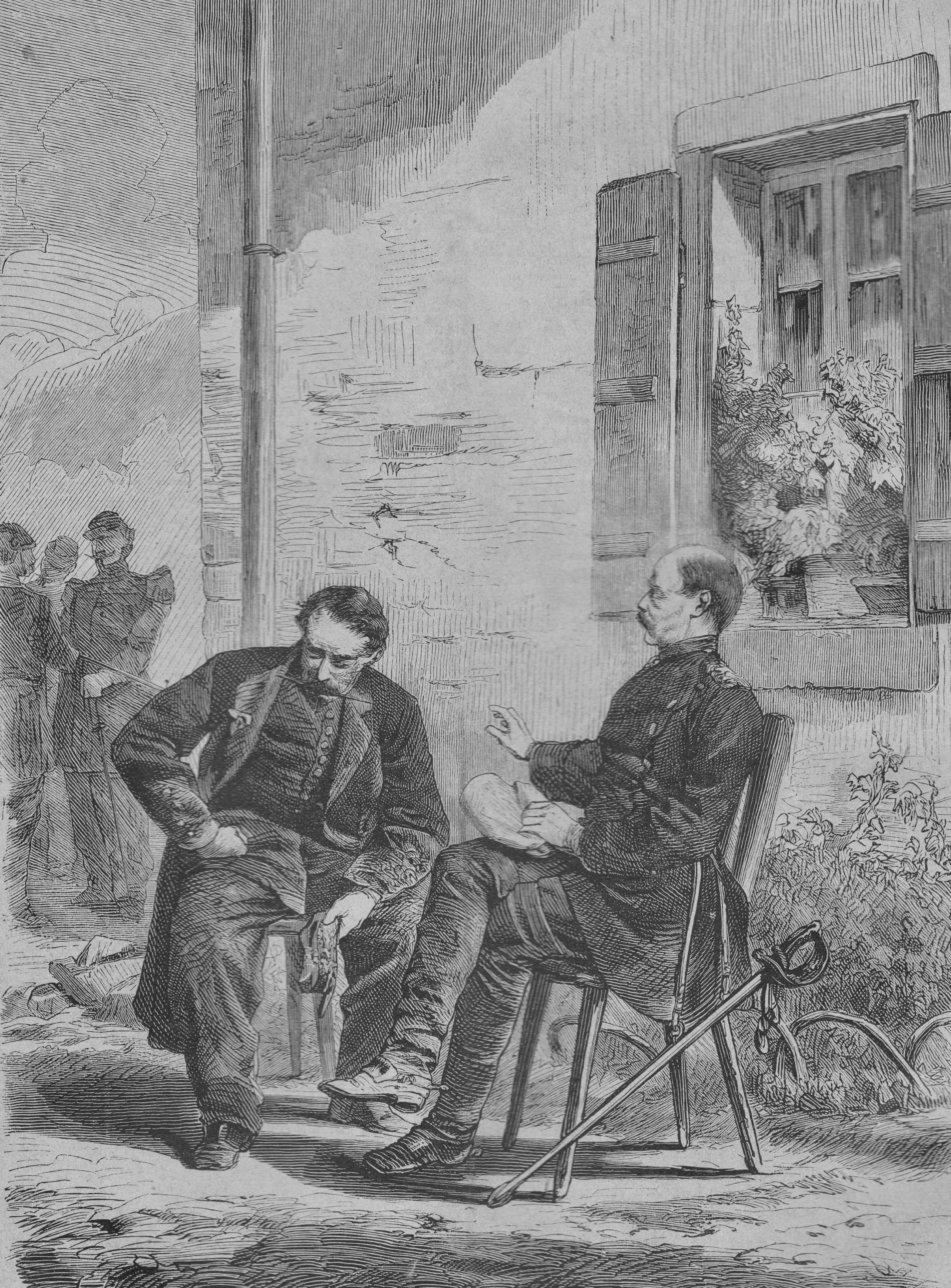Napoleon (links) mit Bismarck vor dem Maison Tisserand in Donchery