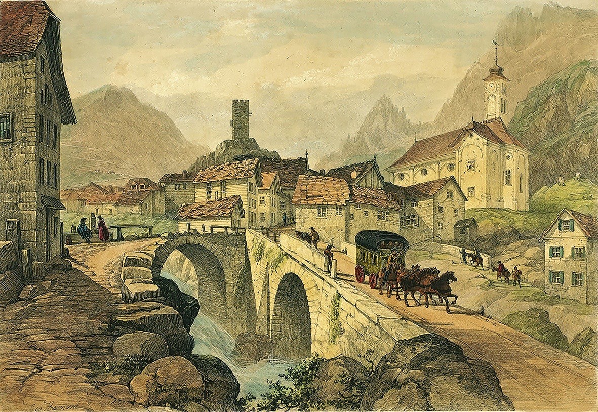 Hospental mit Gotthard-Postkutsche auf der neuen Fahrstrasse, 1830. Rechts im Bild: Säumer auf dem alten Saumpfad, die den Berg hinaufsteigen. Kolorierte Lithographie von Georges Barnard 1843