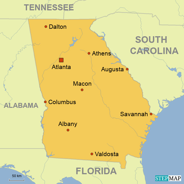 Der amerikanische Bundesstaat Georgia ist knapp vier Mal so gross wie die Schweiz und zählt rund elf Millionen Einwohner (Karte: Journal21.ch/stepmap.de)