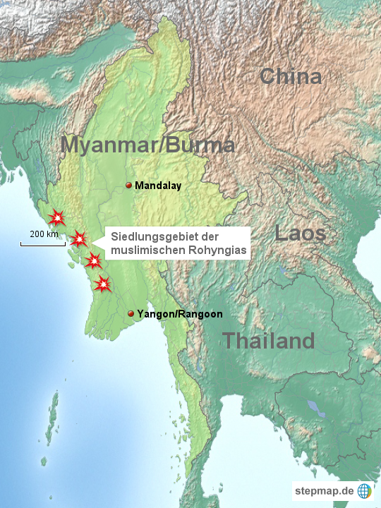 Die rechtlose Minderheit von einer Million muslimischer Rohyngias im burmesischen Grenzstaat Rakhine ist schutzlos der buddhistischen Bevölkerungsmehrheit ausgeliefert.
Karte: stepmap.de/Journal21
