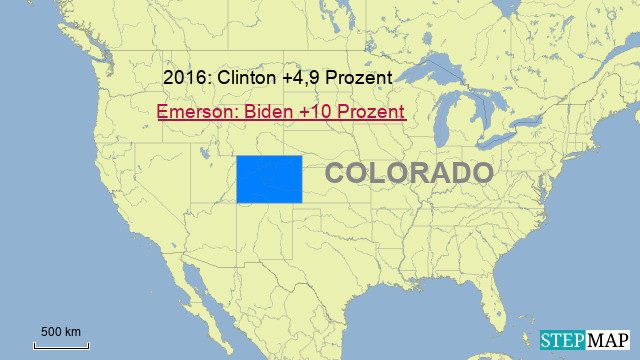 Colorado, 9 Wahlleute. In Colorado liegt eine Umfrage des Instituts Emerson vor.