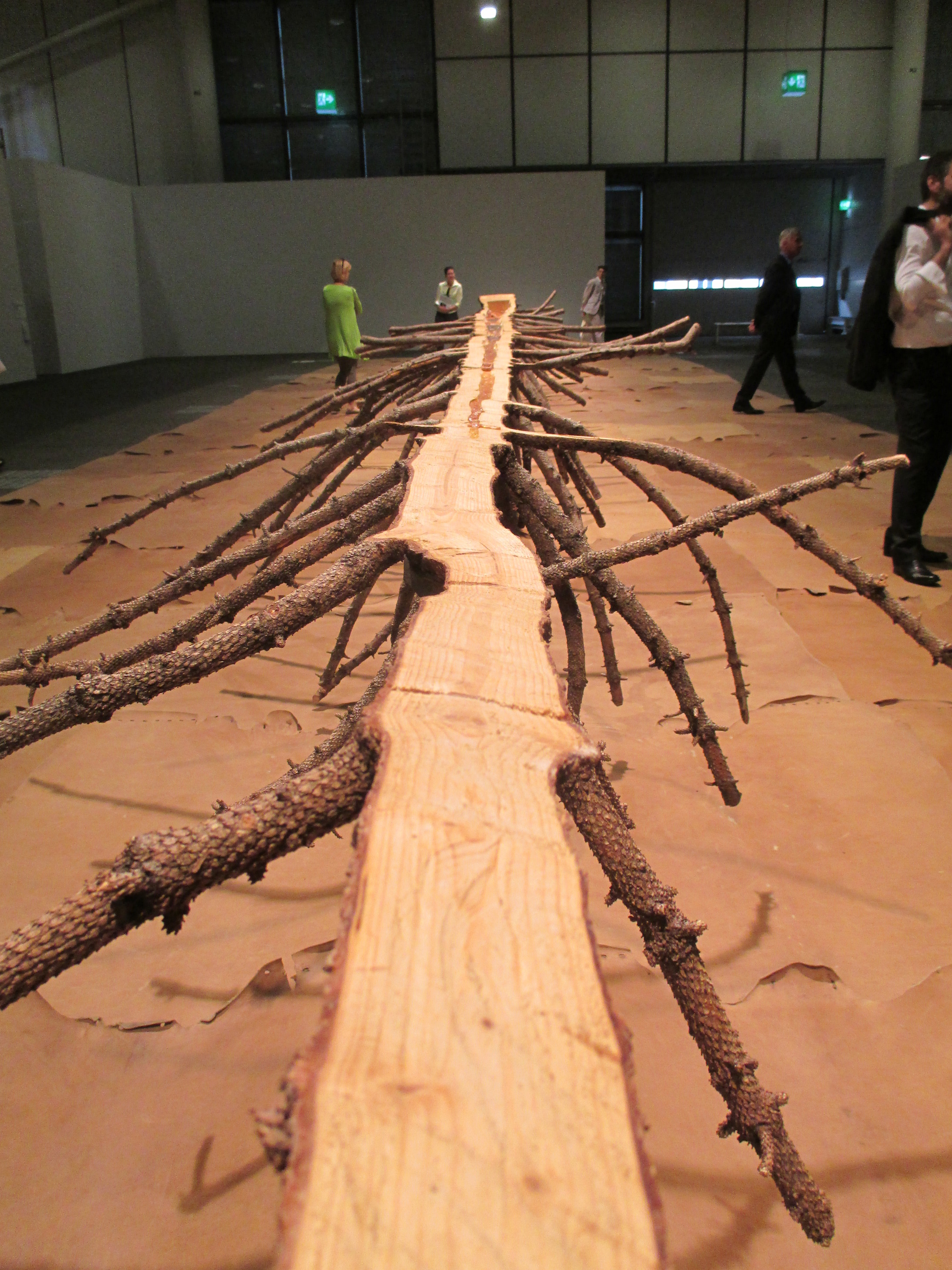 Dieses originelle Werk stammt von Giuseppe Penone (71). Der italienische Künstler hat eine 80jährige Tanne der Länge nach in zwei Teile zerlegt. Sie liegen auf einem „Teppich“ bestehend aus Lederstücken (gegerbte Häute)