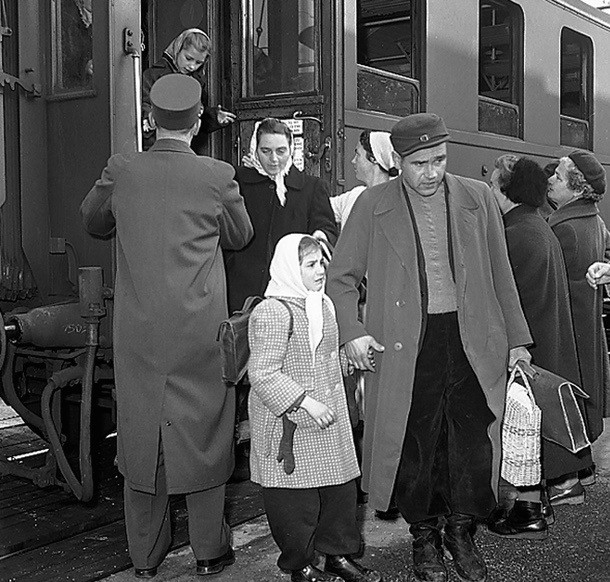 1956: Die ersten Ungarn-Flüchtlinge treffen beim Grenzbahnhof in Buchs ein und werden fürsorglich aufgenommen. Der Umsturz in Ungarn hat in der Schweiz eine beispiellose Solidaritätswelle ausgelöst. (Foto: Keystone/Photopress-Archiv/Str)