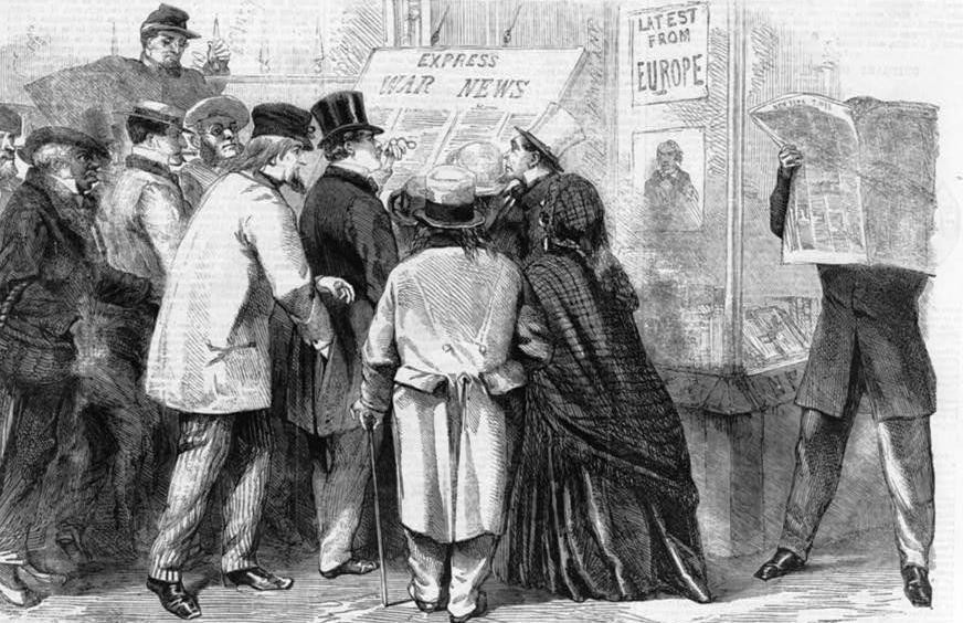 War  News. New Yorker stürzen sich auf dem Broadway auf die letzten Neuigkeiten von der Front. Publiziert wahrscheinlich zu Beginn des Krieges 1861. Autor unbekannt. Die Library of Congress verfügt nicht nur über Fotografien, sondern auch über Tausende zeitgenössischer Gravuren und Zeichnungen.
