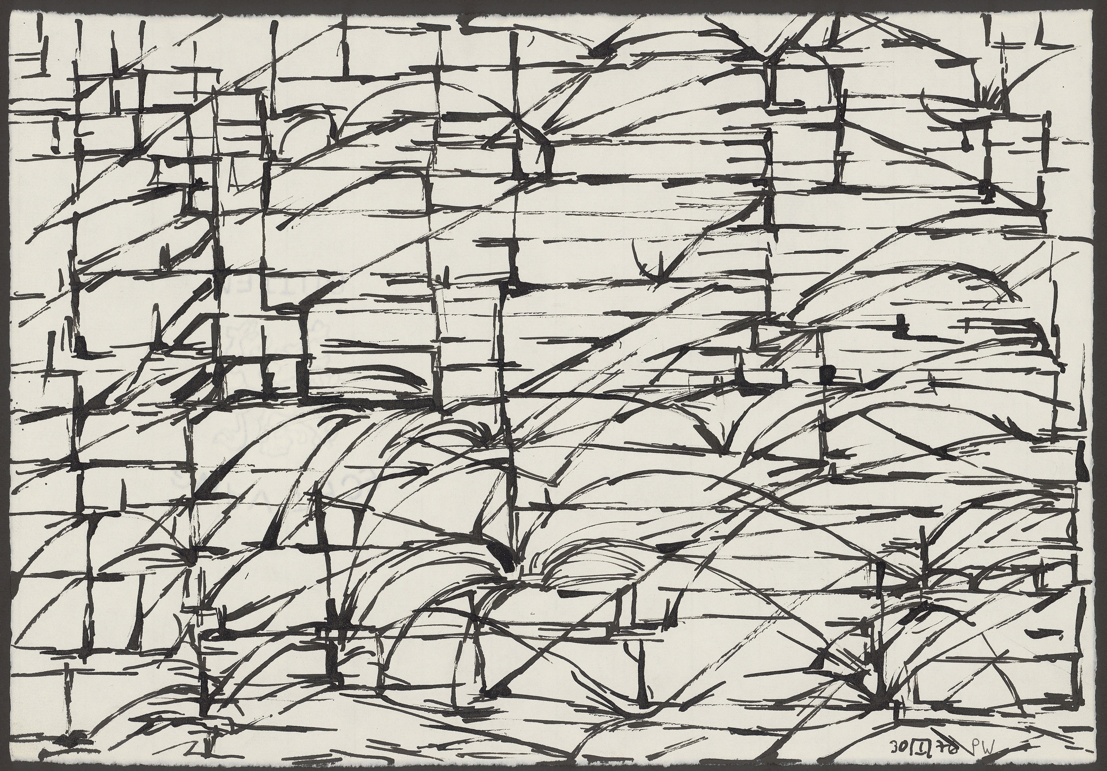 Peter Wechsler: Landschaftliches, 30.I.1976, Rohrfeder, Tusche auf weiss grundiertem Büttenpapier, 29,2 x 42,5 cm; Privatbesitz, © 2016 ProLitteris, Zürich