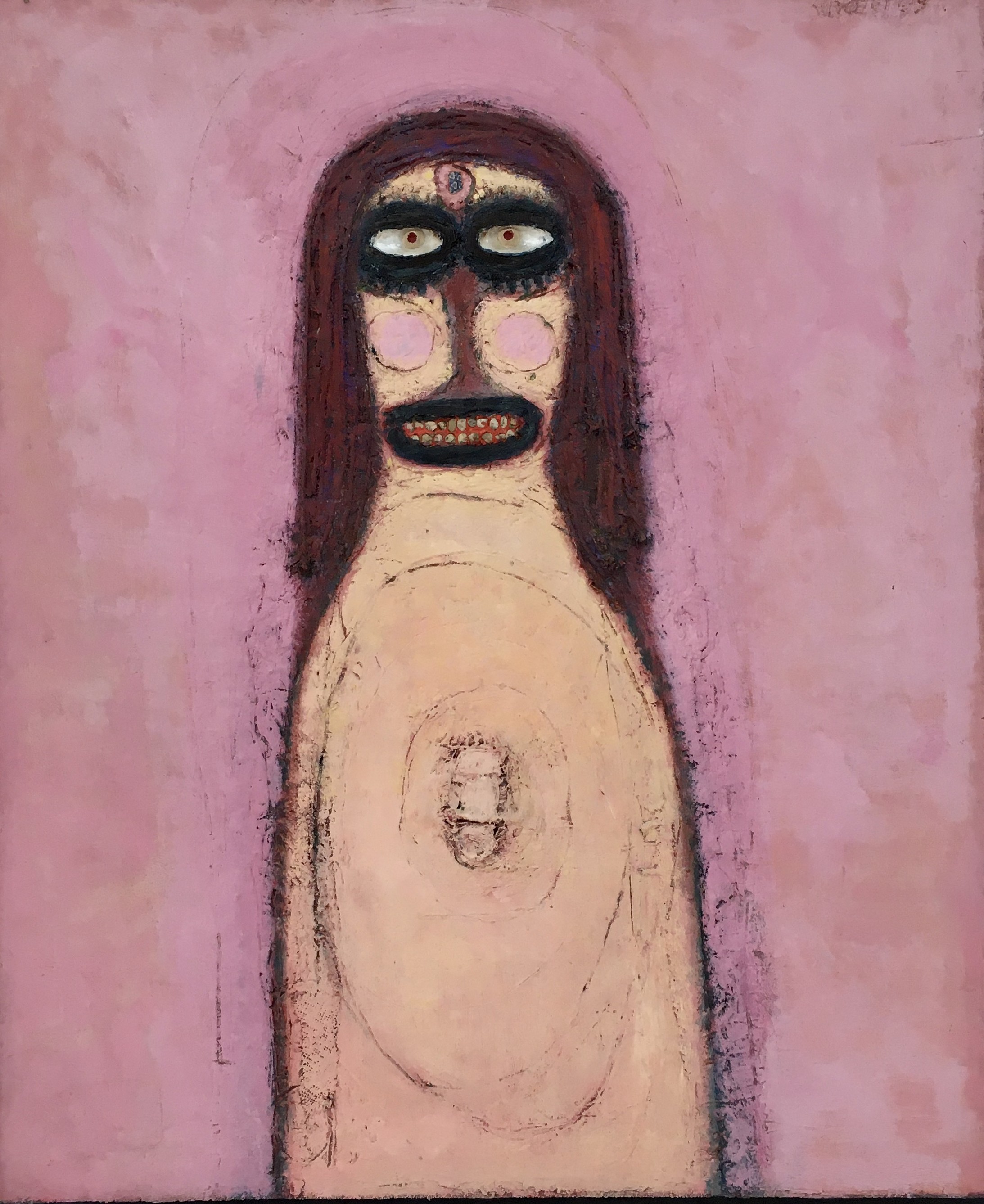 Hans Schärer: Madonna auf einem violetten Grund. Öl, Jute, Schnur, Muscheln, Keramik und Kreidestift auf Pavatex, 1969. Kunsthaus Zug


