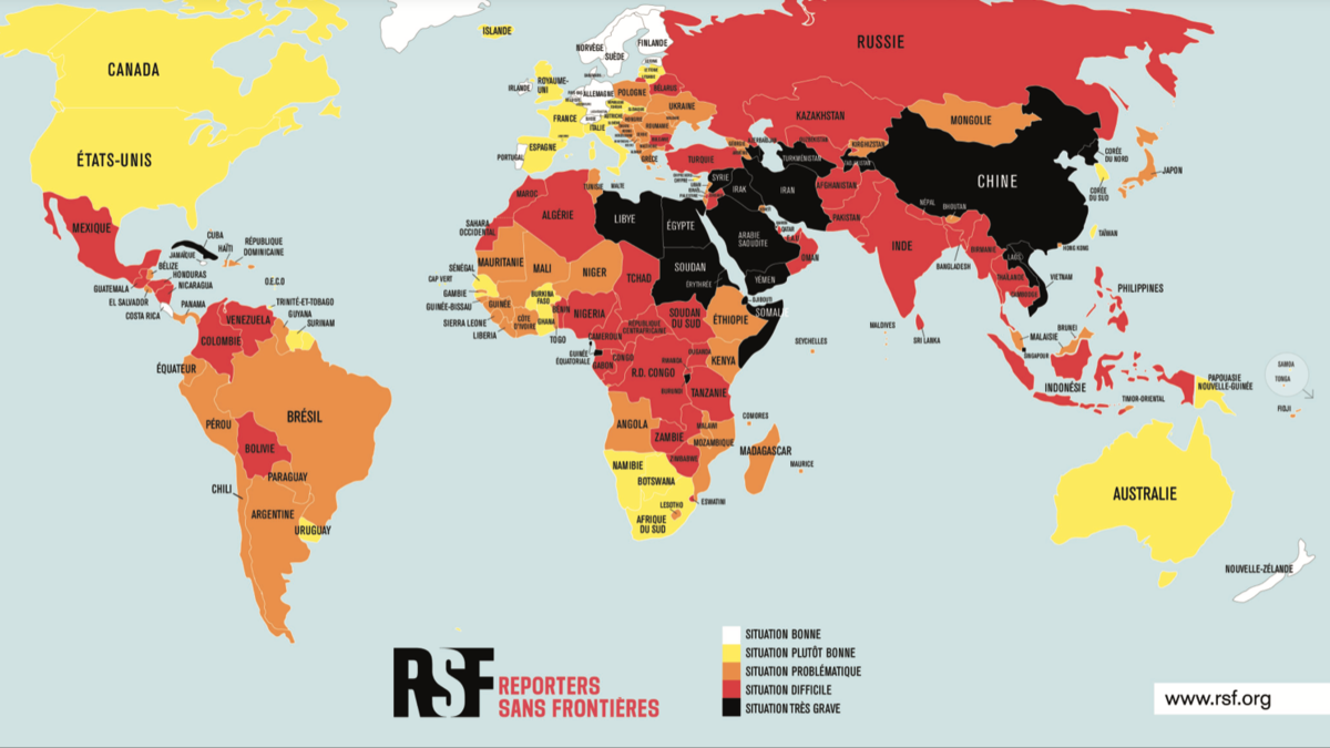 Weltkarte der Pressefreiheit 2020. Farbskala: weiss = gute Situation, schwarz = die am schlechtesten bewertete Länder (Grafik: RSF)