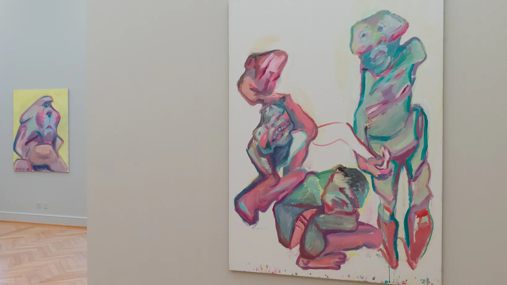 Links: Selbstporträt als Einäugige. 1997. Öl auf Leinwand. 120x101 cm. Ursula Hauser Collection Switzerland. Rechts : Generationenfusstritt. 1998/9. Öl auf Leinwand. 202x153 cm. Maria Lassnig Stiftung. Foto Mark Mosman