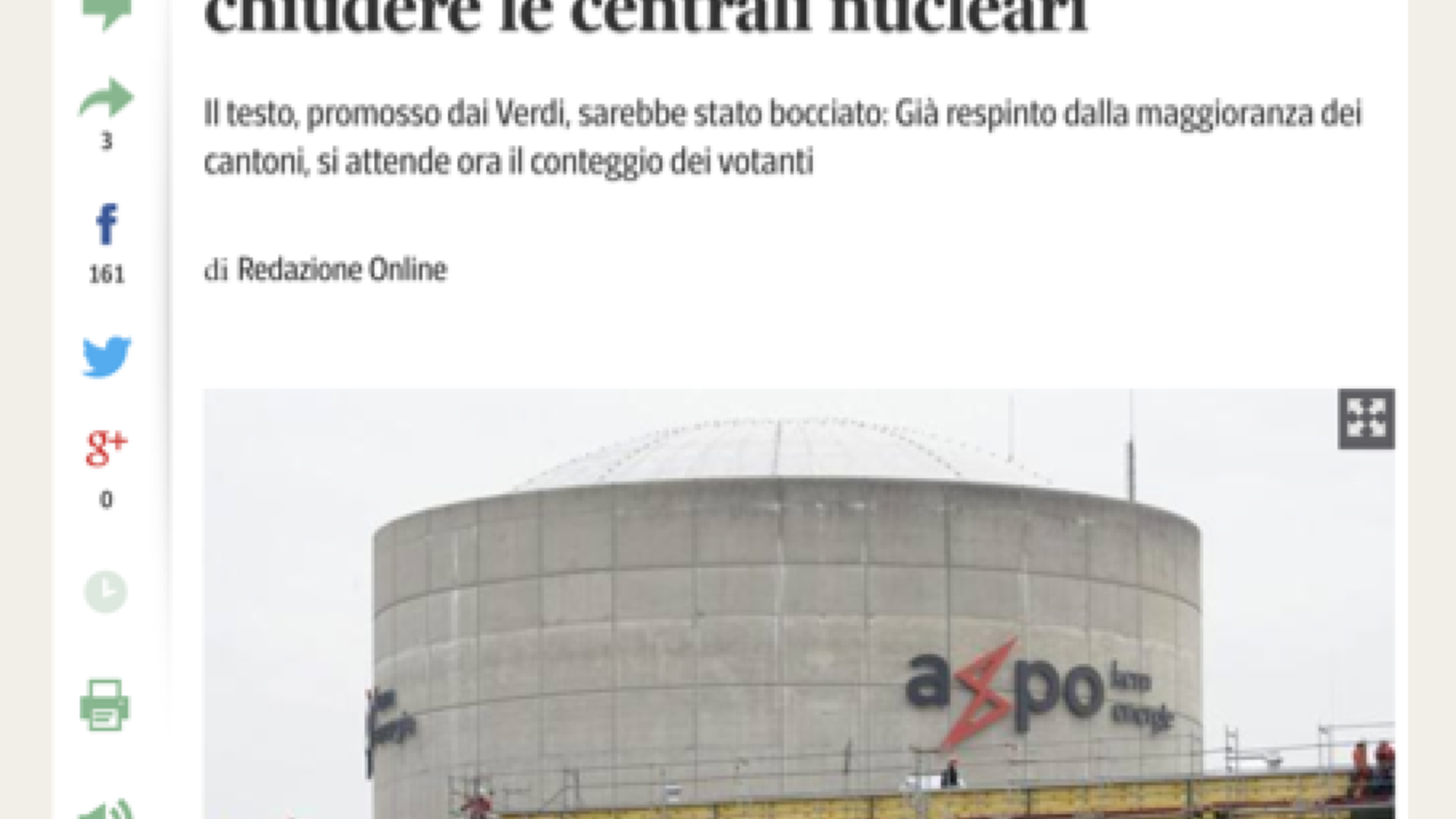 Prominent aufgemacht auf der Website des „Corriere della sera“: der Bericht über die Atomausstiegs-Initiative in der Schweiz
