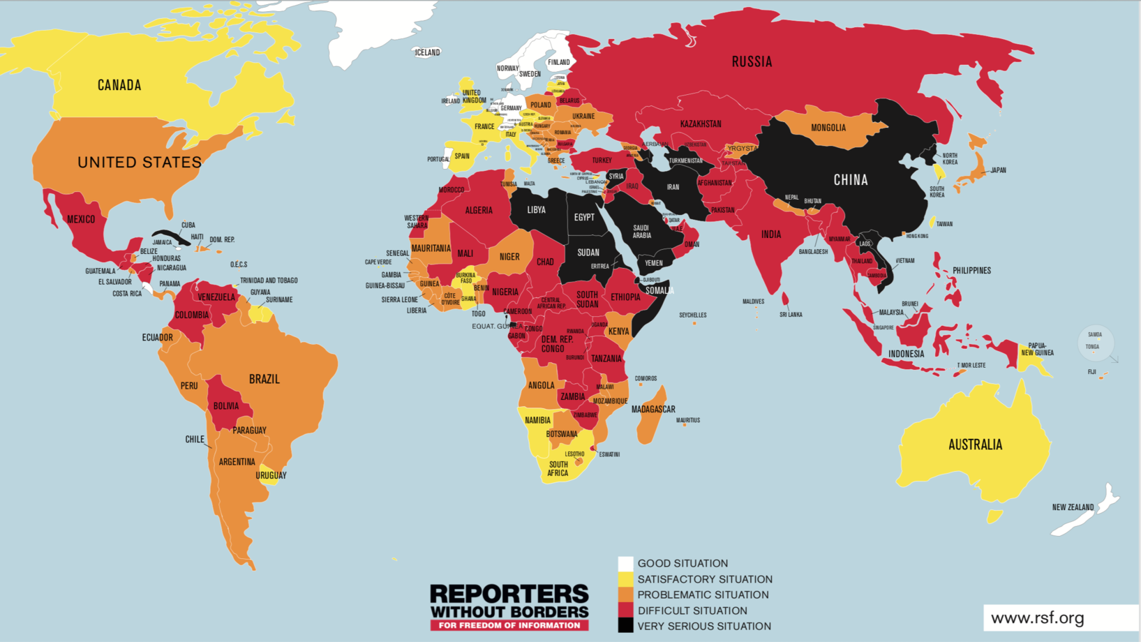 Stand der Medienfreiheit 2019. Quelle: «Reporter ohne Grenzen»
