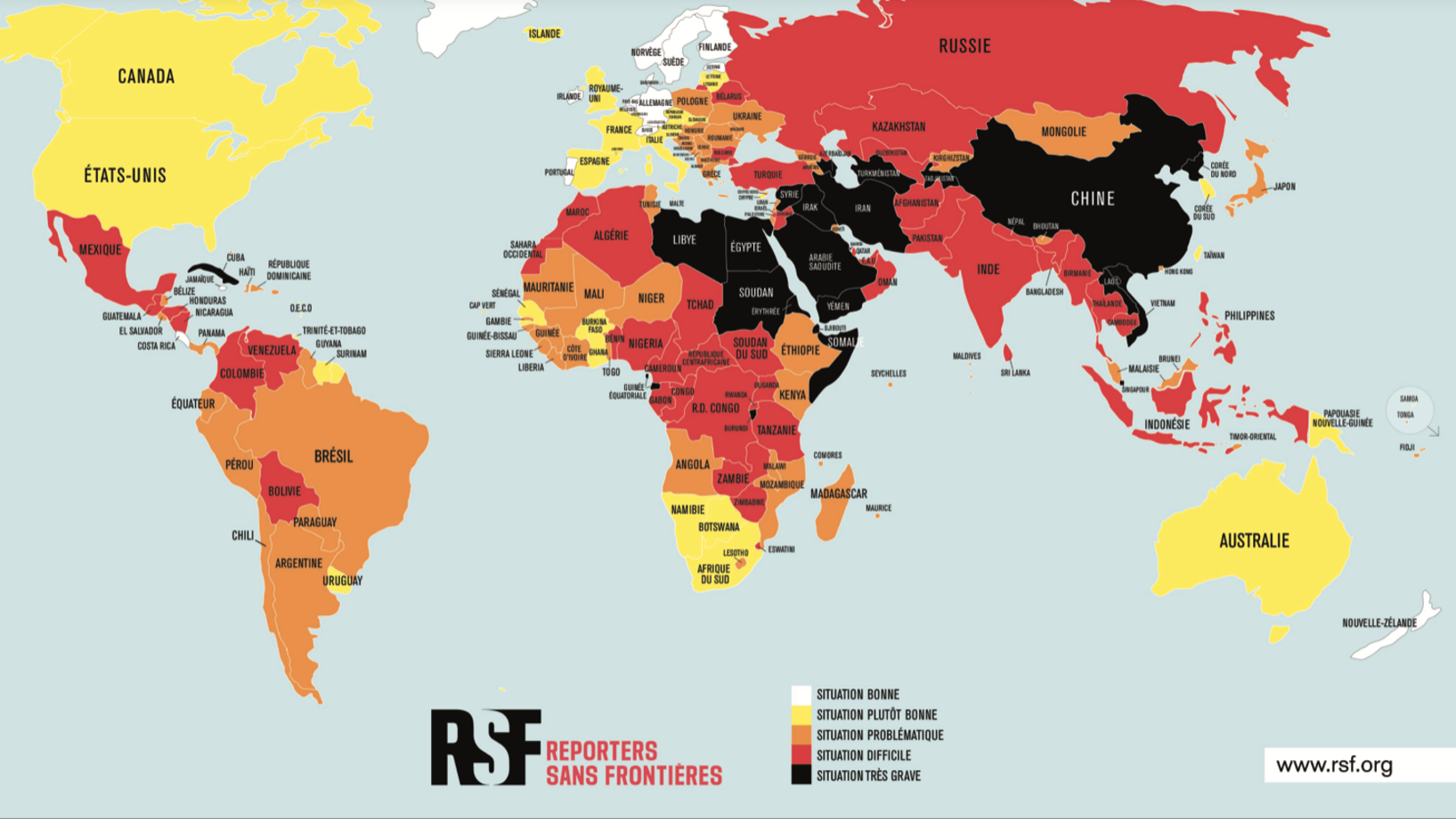 Weltkarte der Pressefreiheit 2020. Farbskala: weiss = gute Situation, schwarz = die am schlechtesten bewertete Länder (Grafik: RSF)