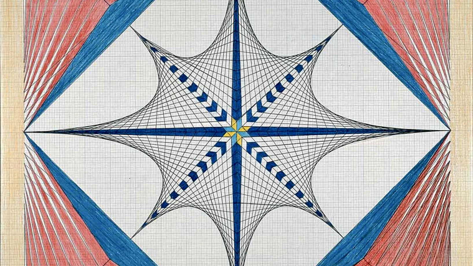 Emma Kunz: Werk Nr. 109, undatiert. Bleistift und Farbstift auf blauem Millimeterpapier, 99 x 97 cm. Aargauer Kunsthaus Aarau. © Emma Kunz Stiftung.