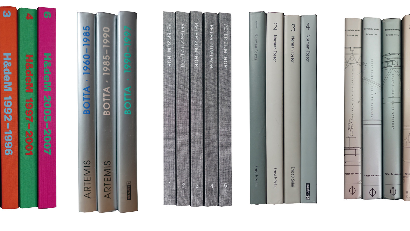Buchreihen über die Bauten von Herzog & de Meuron, Mario Botta, Peter Zumthor, Norman Foster, Renzo Piano (Fotomontage: J21)