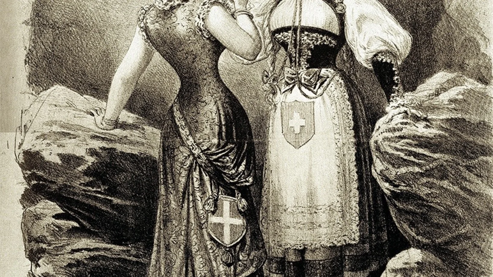 Mit der Eröffnung des Gotthardtunnels 1882 rücken die Schweiz und Italien zusammen. Zeitgenössische Illustration.