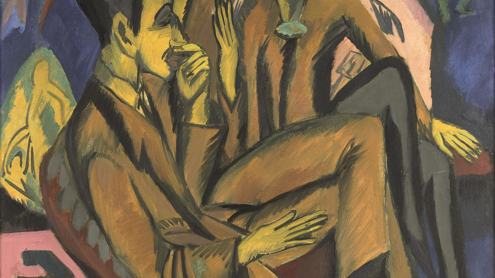 Ernst Ludwig Kirchner: Künstlergruppe (Unterhaltung der Künstler), 1913 (datiert 1912), Öl auf Leinwand, 95 x 95,5 cm, Courtesy of Osthaus Museum Hagen & Institut für Kulturaustausch, Tübingen; Foto: Achim Kukulies, Düsseldorf