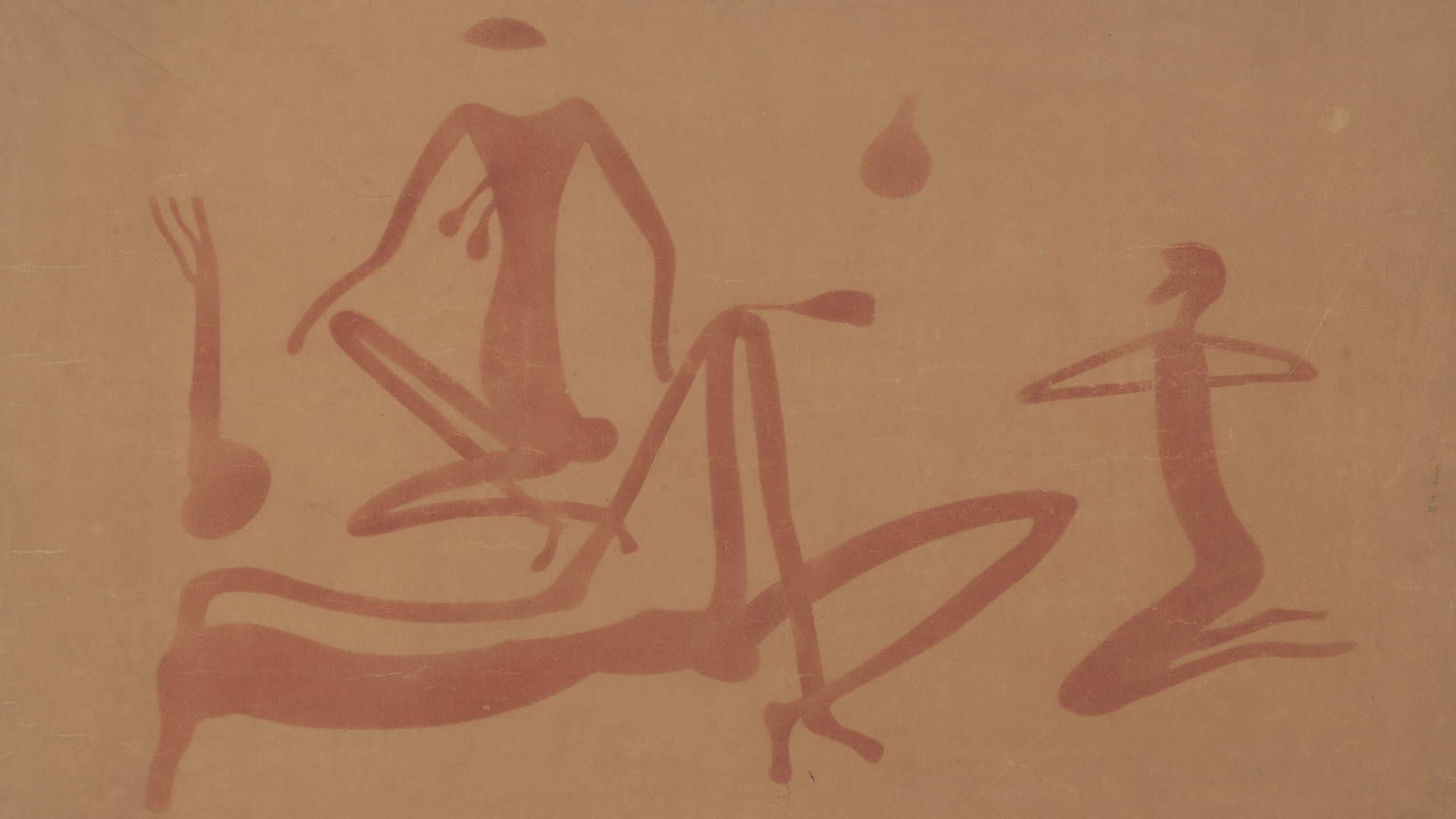 Liegende Frau und zwei Männer, Simbabwe, Mutoko, 1929, Joachim Lutz, Farbstift auf Papier, 99,5 × 69,5 cm © Frobenius-Institut