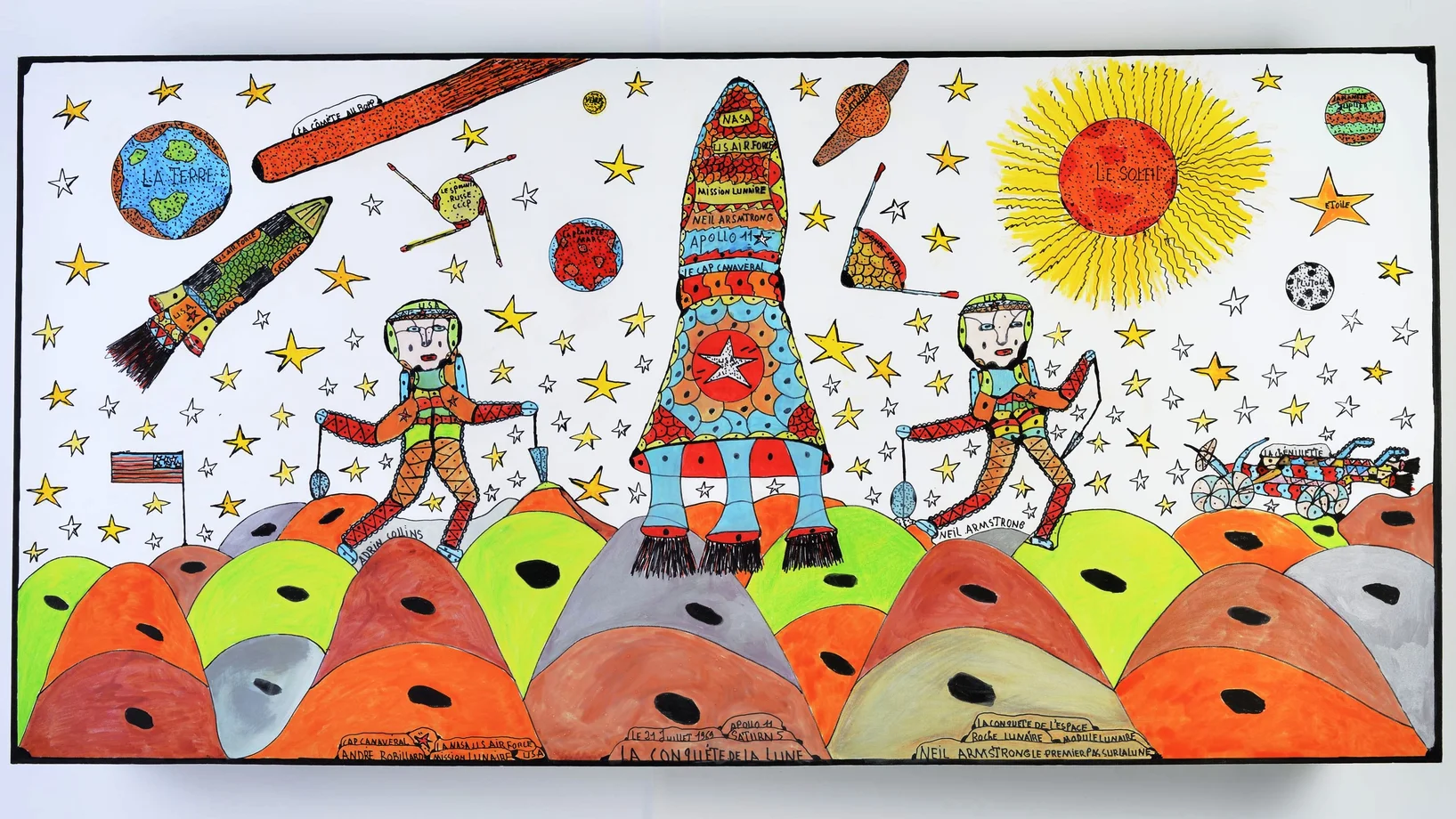 André Robillard: La Conqête de la lune, 2012, Filz- und Farbstift auf Leinwand, 100 x 200 cm, Sammlung Frédéric Lux. Foto: Mirjam Wanner