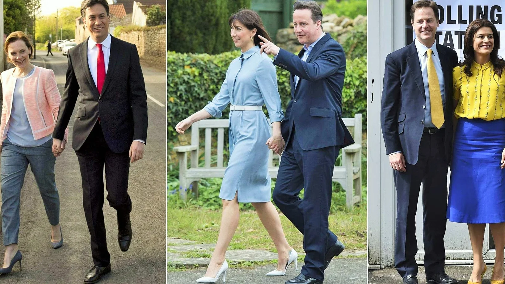 Ed Miliband, Labour, mit Frau Justine (links); David Cameron, Tories, mit Frau Samantha (mitte); Nick Clegg, LiberalDems, mit Frau Miriam.